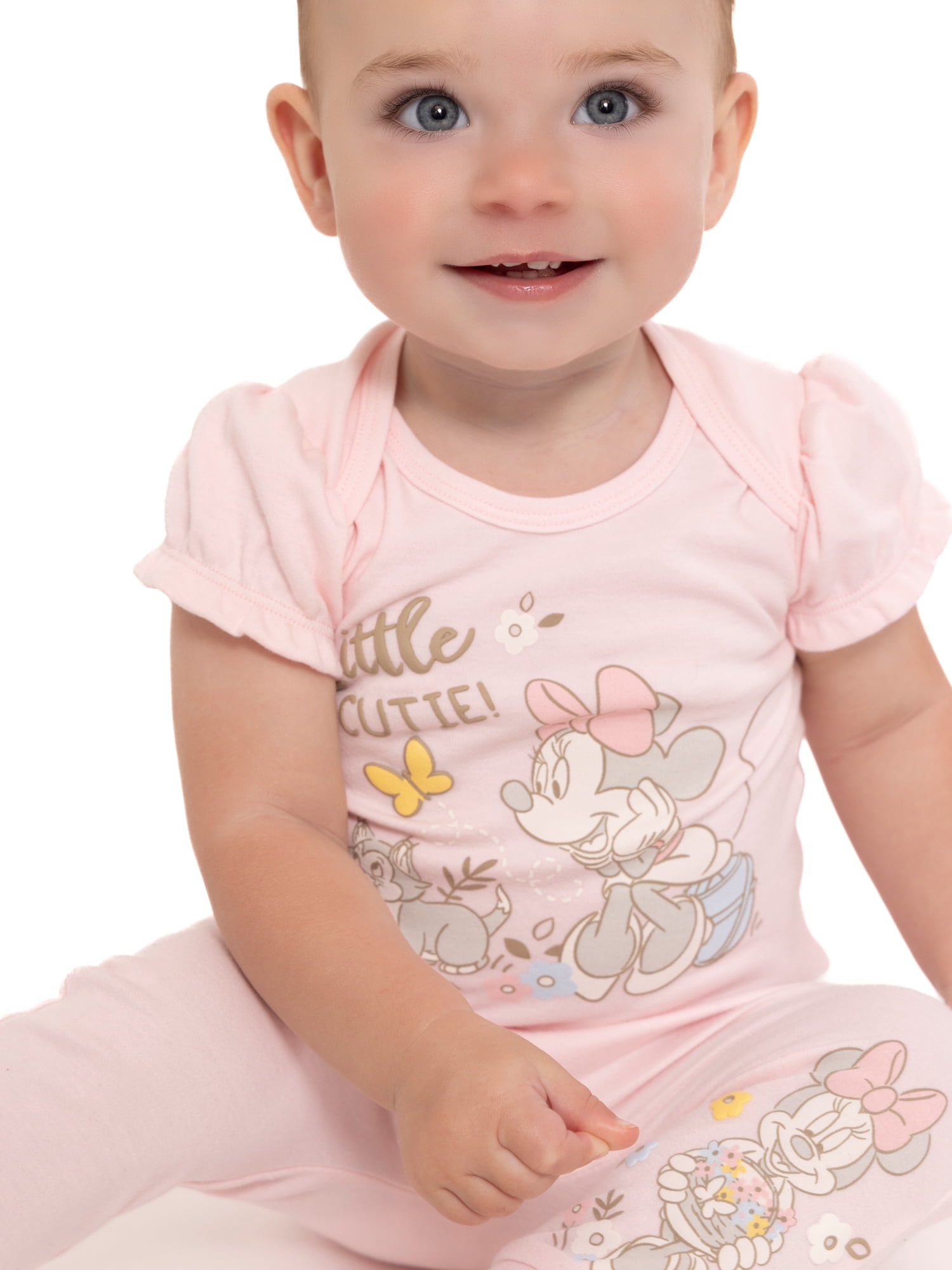 Disney Baby Wishes + Dreams Minnie Mouse Baby Girls Bodysuit with Puff Sleeves, 3-Pack, Sizes Newborn-18 Months