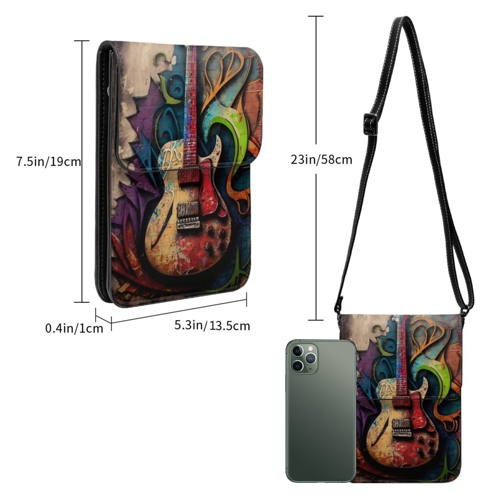 Guitar Music Graffiti Street Wall Art Cell Phone Purse Small Crossbody Bag with Strap Credit Card Slots Leather Shoulder Wallet for Women
