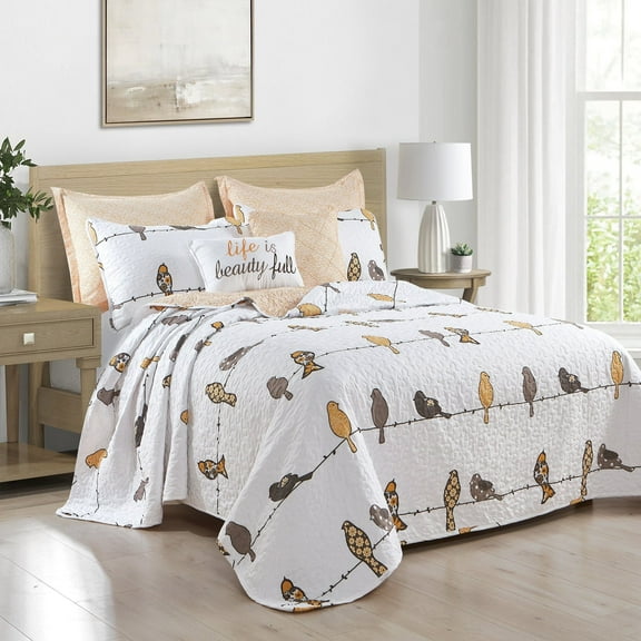 Lush Decor Rowley Birds Reversible Quilt Yellow/Gray 7Pc Set Full/Queen