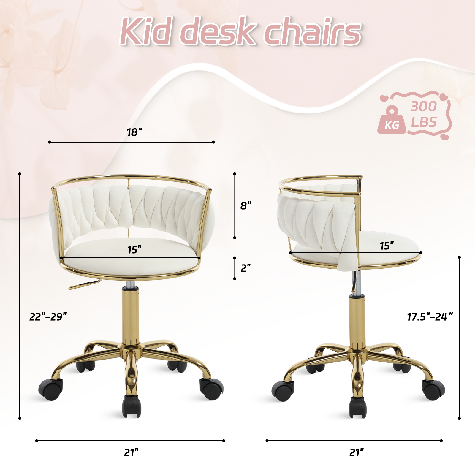 Guyou Kids Desk Chair, Velvet Rolling Swivel Children Chair, Adjustable Student Task Chair, Curved Woven Backrest Vanity Chair for Bedroom Dormitory Children Gifts, White