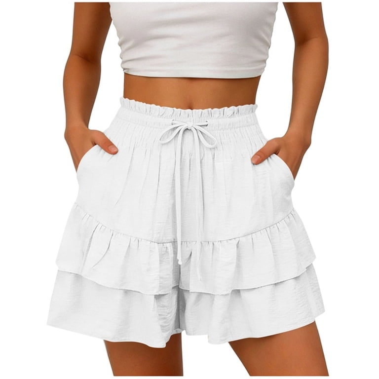 パンツ SUPER TWILL S+S RAYERED SKIRT SHORTS Women's Cotton Blend Solid Color Layered Hem Shorts Elastic Waist
