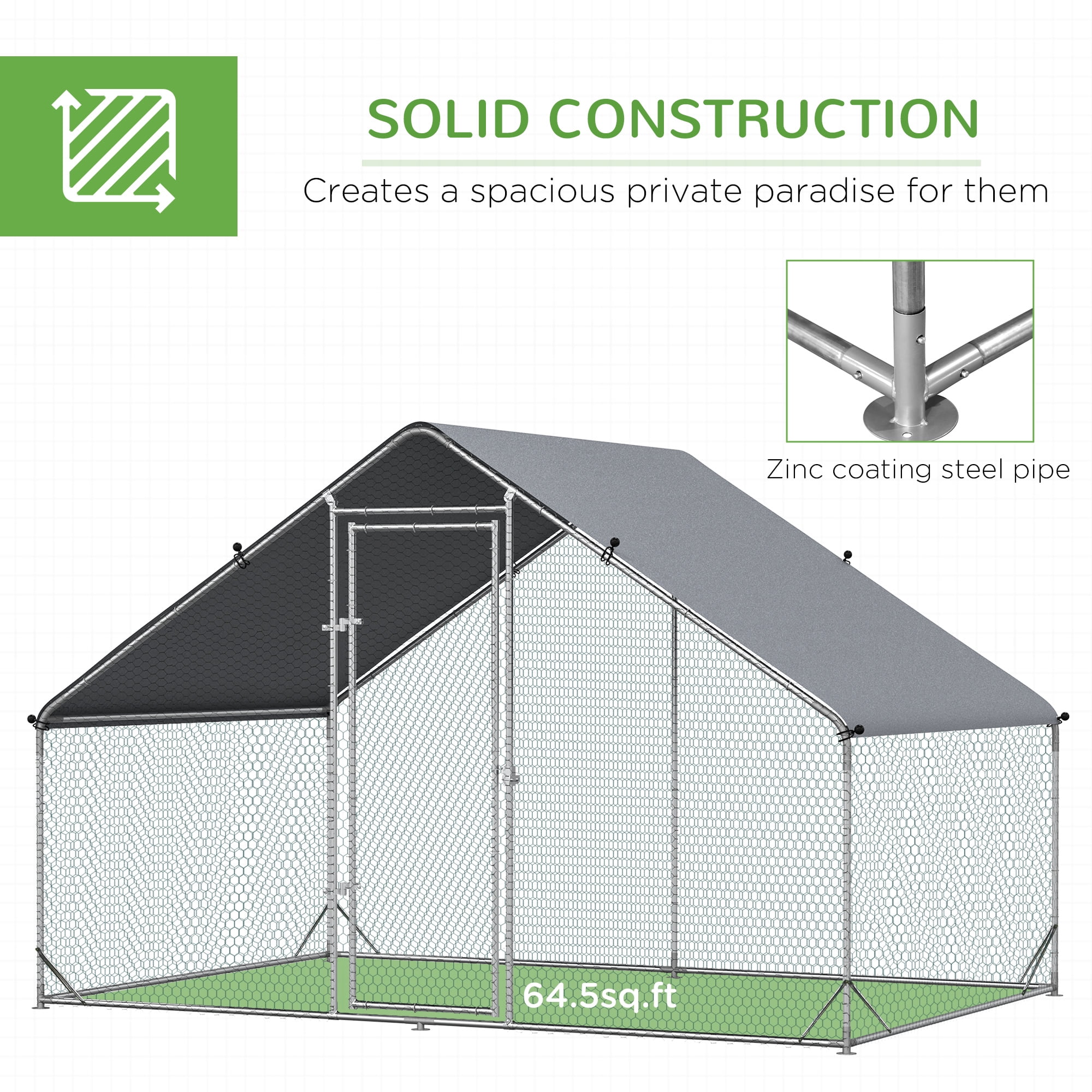 PawHut Galvanized Metal Chicken Coop Walk-in Enclosure w/ Cover for Outdoor