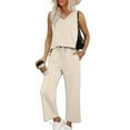 thumbnail image 2 of bbyeadc Beach Vacation Clothes for Women V Neck Sleeveless Lounge Womens Travel Outfit for Airplane Wide Leg Drawstring Women's Clothing Comfy Matching Sets Women Clothing, Beige S, 2 of 6