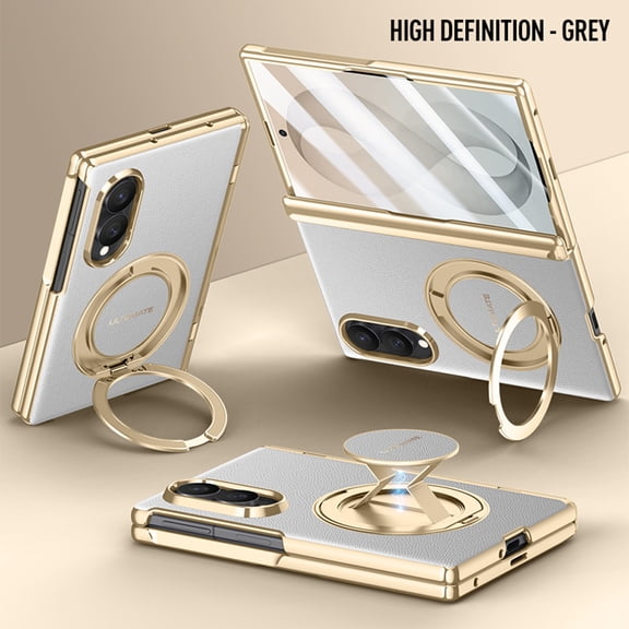 for Samsung Galaxy Z Fold 8 PU Leather Case with Hand Strap, Ring Stand Magnetic Plated Protective Cover with Hinge Protection Front Screen Protector for Samsung Galaxy Z Fold 8, Gray