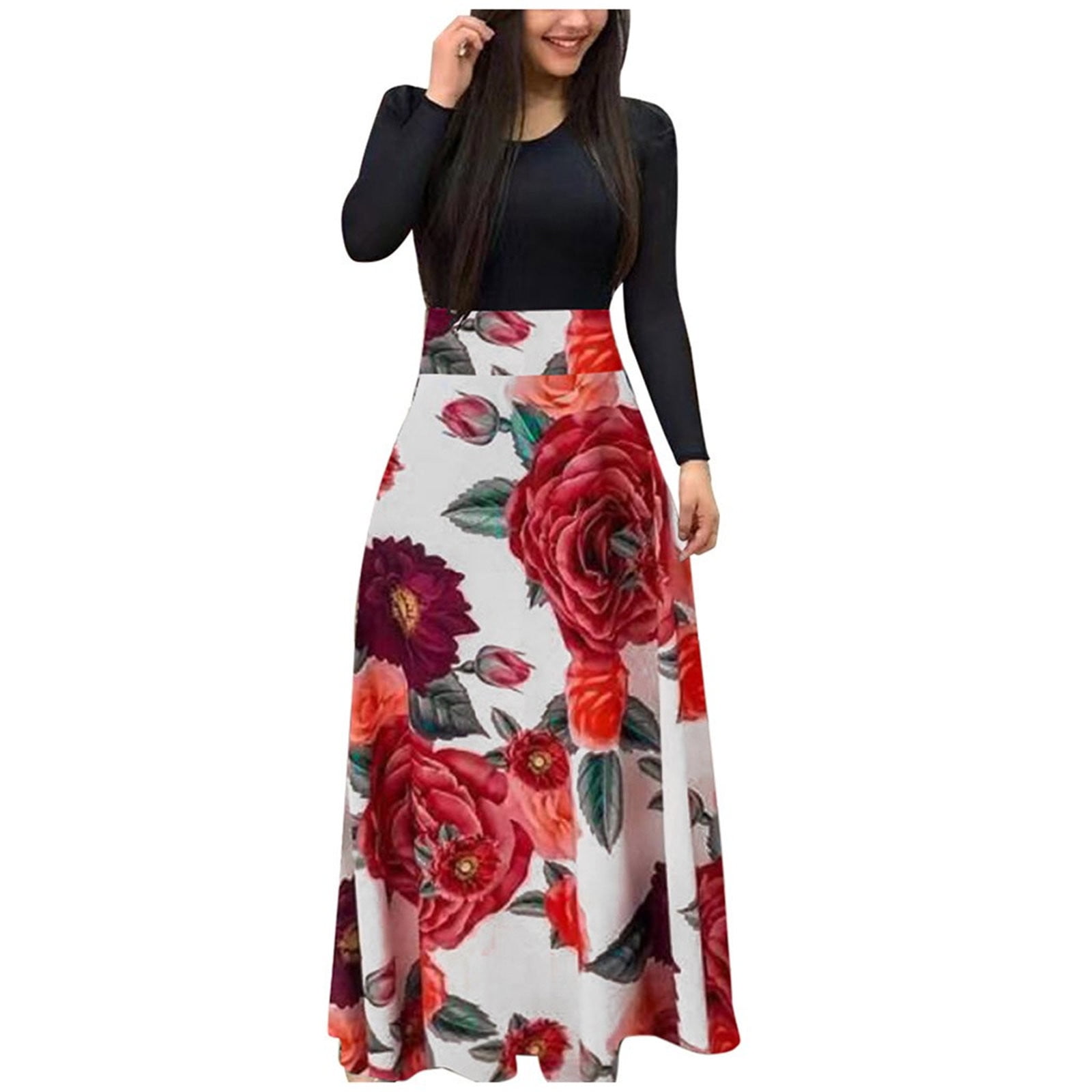 Women Casual Party Dresses 18 Dress Long Sleeve Long Casual Dress Fashion Ladies Floral Maxi Women Years Eve Dress Wine X Large Walmart Com