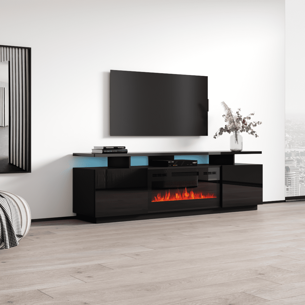 Modern High Gloss Fireplace TV Stand for TVs up to 80 Electric Fireplace Media Console with Storage Cabinets