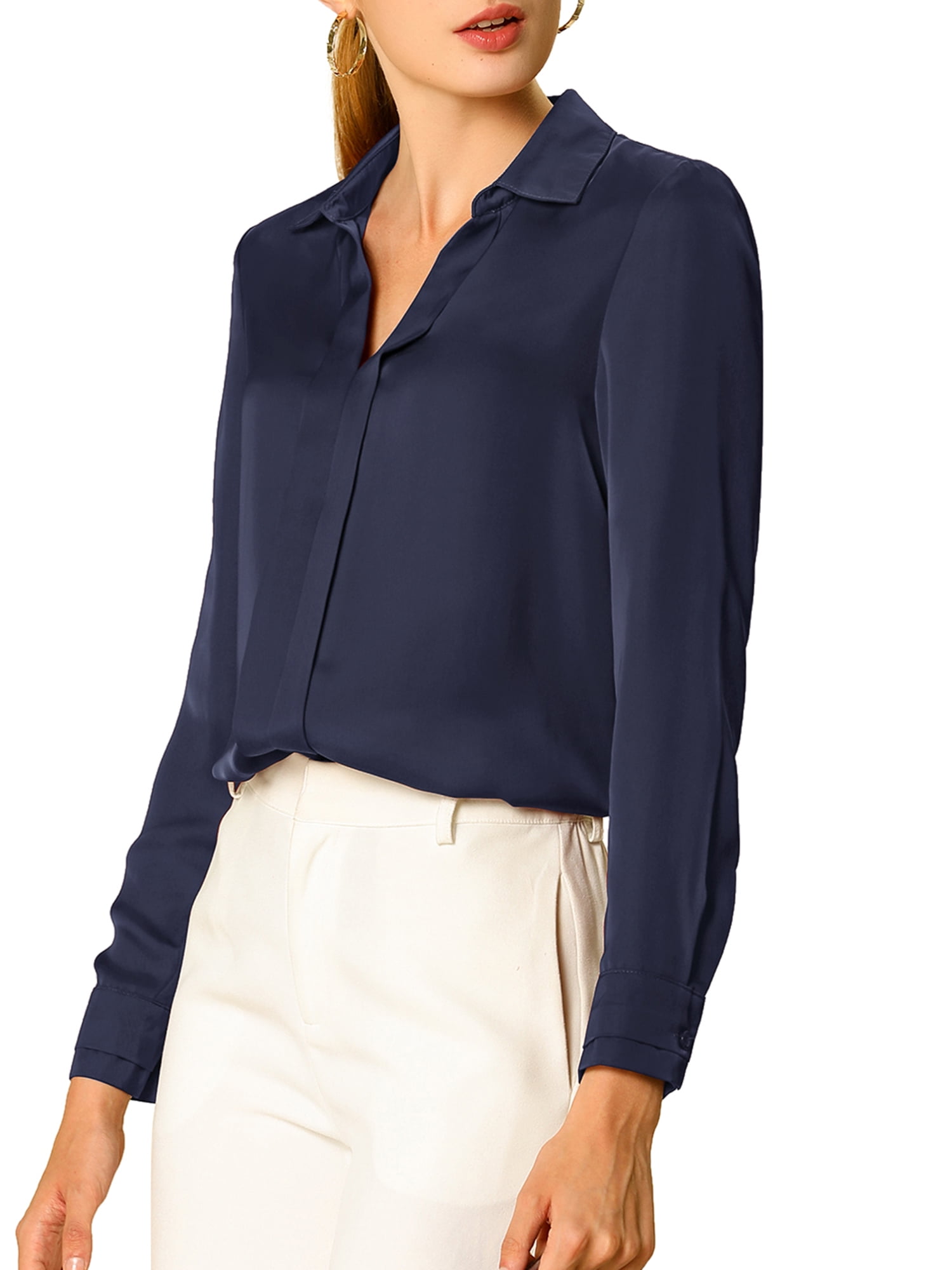 DARING DIVA Women's V Neck Classic Work Office Long Sleeve Shirt XS Navy Blue