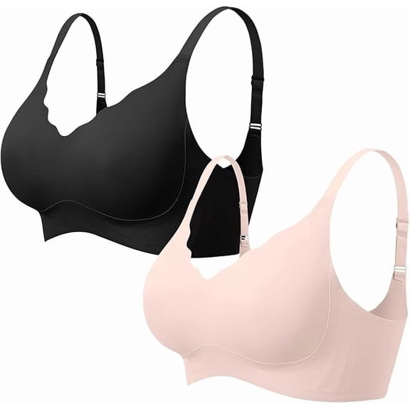 Paemity 2 Pack Bras for Women, Seamless Jelly Bras No Underwire Supportive Wireless Push Up Full Coverage Bra