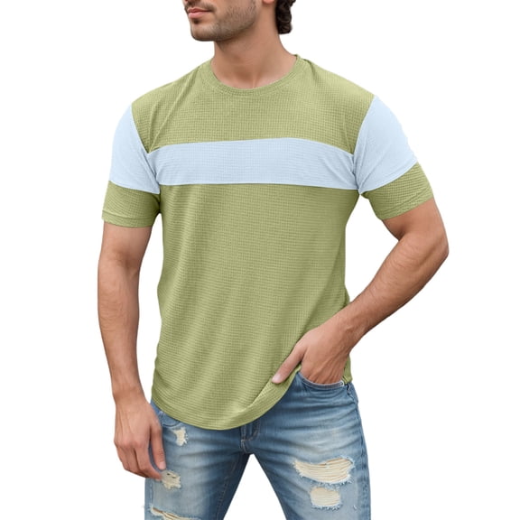 JAJAHO Men's Short Sleeve T Shirt Waffle Summer Top Color Block Crew Neck Pullover Sports Casual Top Loose Fit Graphic Tee Trendy Tops