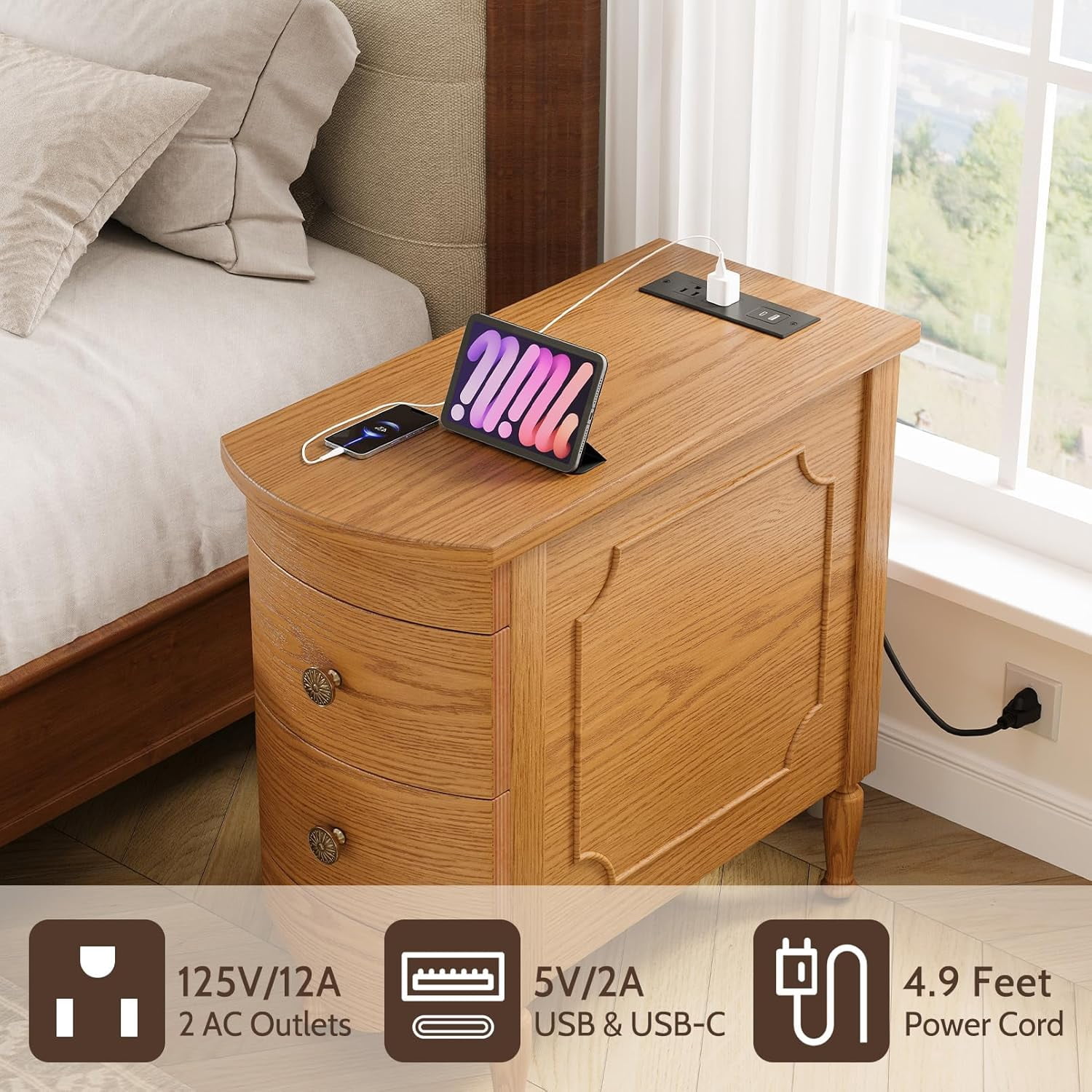 Vividwood Wood End Table with Charging Station, Narrow Side Table with 2 Drawers and Solid Wood Feet, Light Walnut
