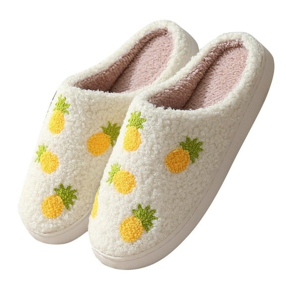Tao Tao Women Fuzzy Pineapple Prints Slipper Soft Plush Comfy Winter Warm Slip-On Couple Slippers Women Men Non-slip Fuzzy Flat Slides Yellow 42