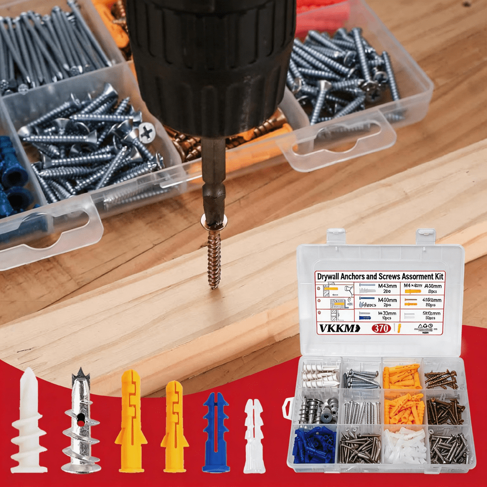 VKKM 370pcs Drywall Anchors and Screws assortment, Heavy Duty plastic Expansion variety pack, Mixed size for Hollow Wall