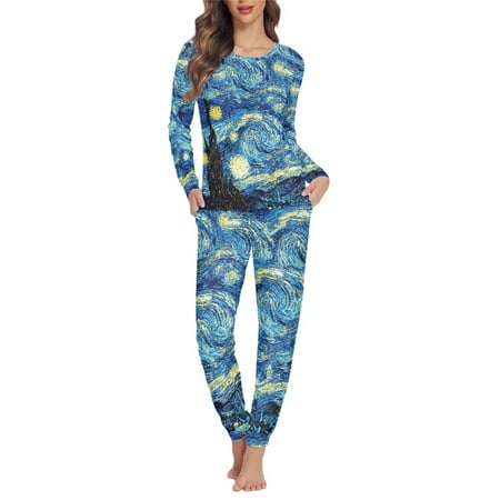 

FKELYI 2 PCS Long Sleeve Pajamas for Women Size 4XL Loose Vincent Van Gogh Starry Sky Ladies Pajamas Comfy Sleepwear Pj Set Aesthetic