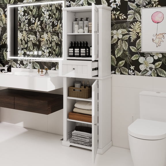 Tall Bathroom Storage Cabinet, Freestanding Storage Cabinet with Drawer and Adjustable Shelf, MDF Board with Painted Finish, White