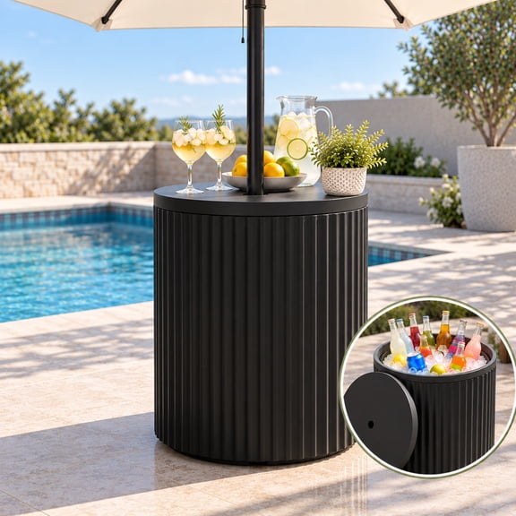 NAPWANT Outdoor Umbrella Side Table, Patio Cooler End Table with Fillable Weighted Stand and Ice Bucket, 3-in-1, Black