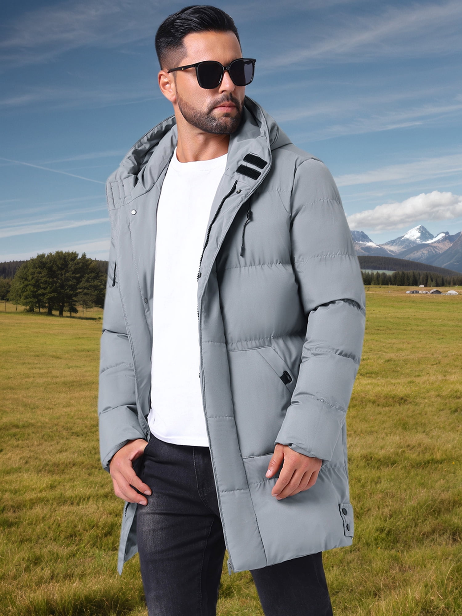 DARING DIVA Men's Mid-Length Outerwear Zipper Quilted Hooded Padded Coat M Gray
