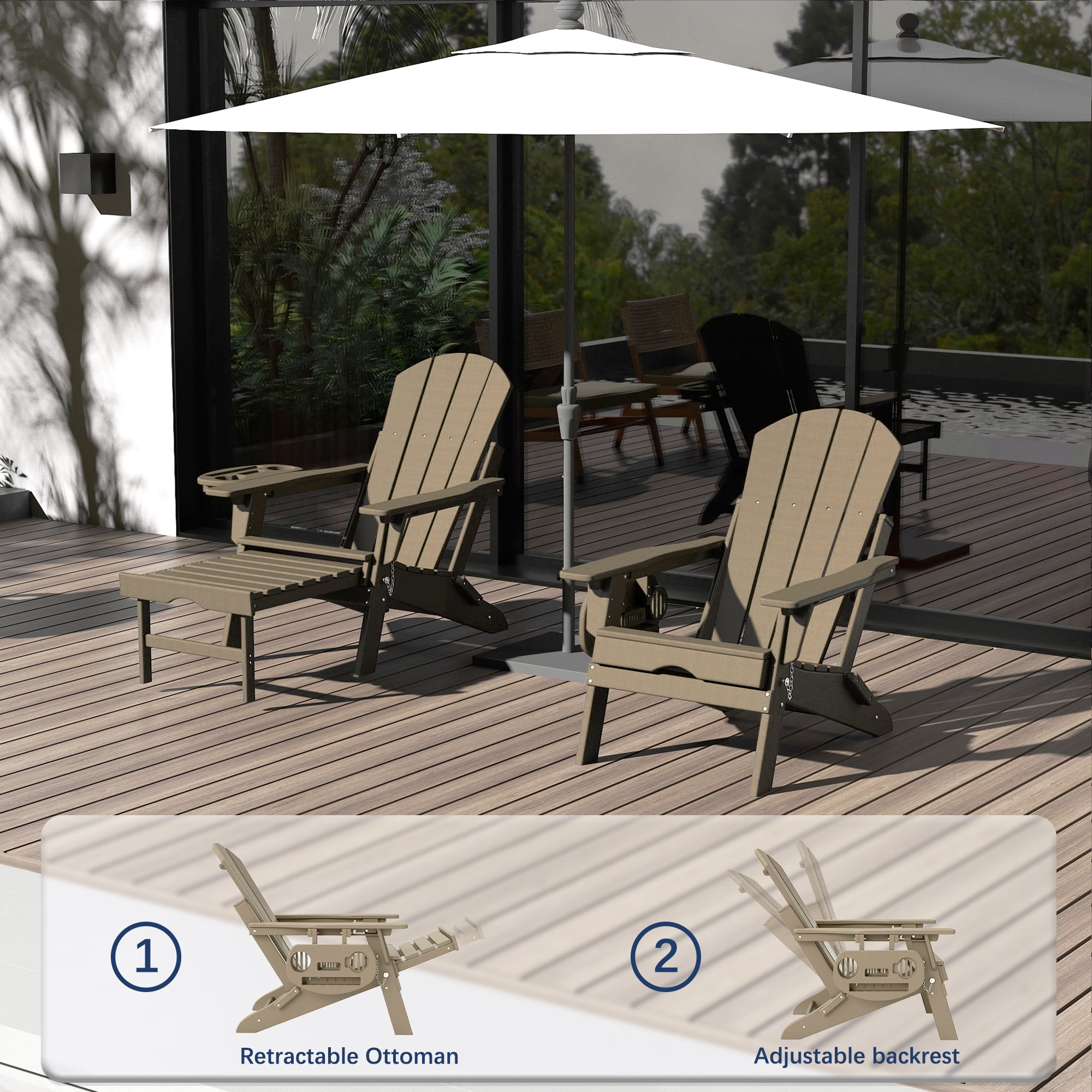 2PCS Folding Adirondack Chair with Ottoman, Adjustable Backrest Plastic HDPE Adirondack Chairs w/4 in 1 Cup Holder Tray, Brown