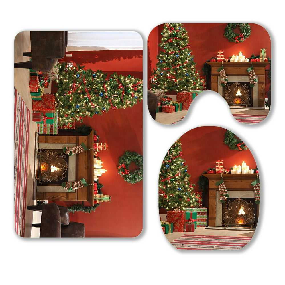ABPHQTO Festive Christmas Interior 3 Piece Bathroom Rugs Set Bath Rug