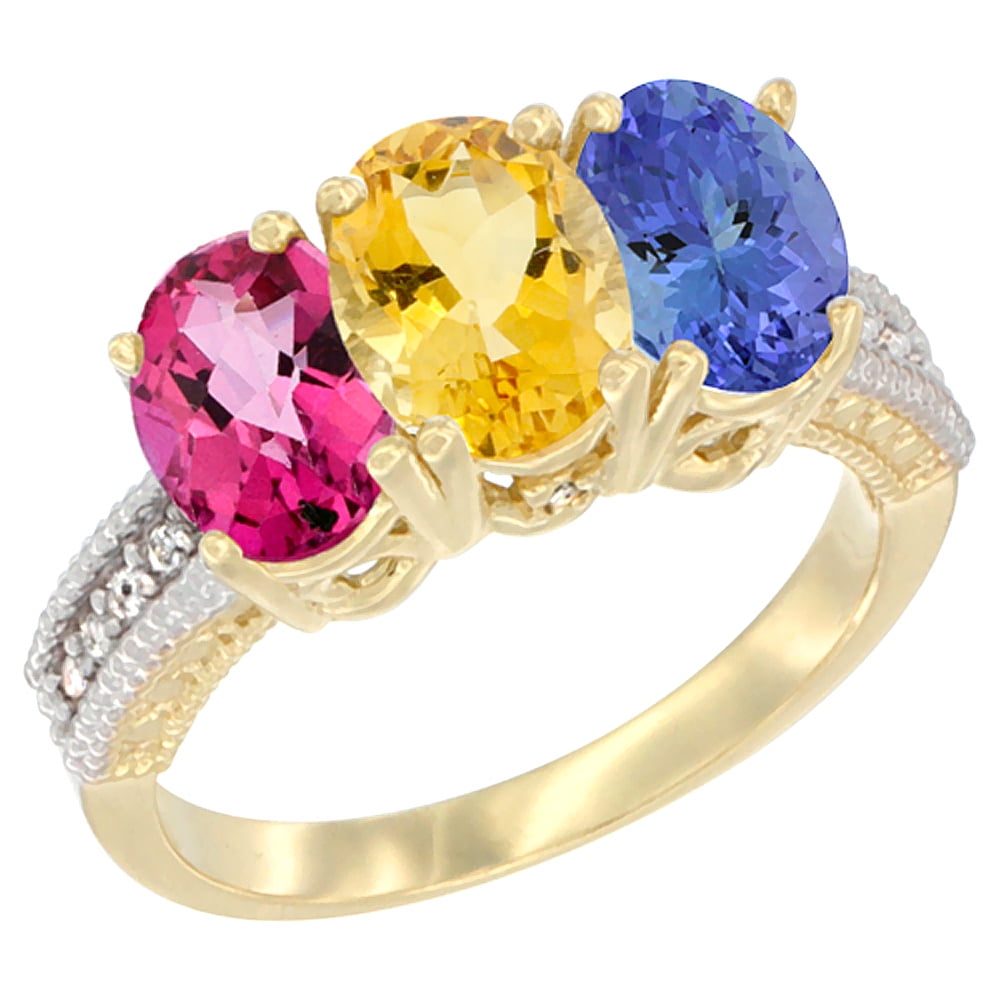 14K Yellow Gold Natural Pink Topaz, Citrine & Tanzanite Ring 3-Stone 7x5 mm Oval Diamond Accent, sizes 5 10 by WorldJewels