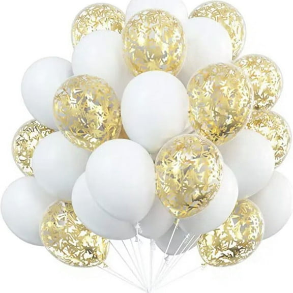 Firefly Hope 30PCS 12 Inch Metallic Balloons, Confetti Latex Balloons with Ribbon for Party Decor，White and Gold