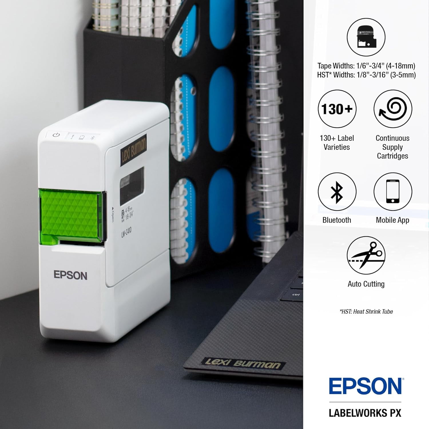 Epson LABELWORKS LW-C410PX Portable Bluetooth Label Maker - Home & Office, Sticker Labels, App Compatible