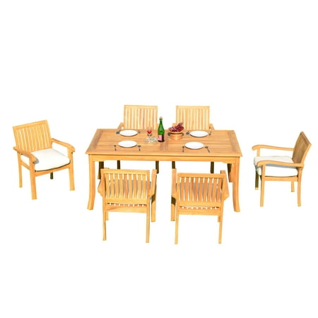 7 PC A Grade Outdoor Patio Teak Dining Set - 60 Rectangle Table & 6 Naples Stacking Arm Chairs