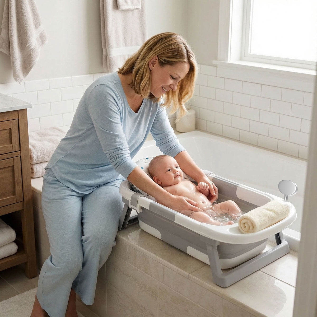 Oioane Collapsible Baby Bathtub with Thermometer & Soft Cushion, Portable Infant Bath Tub for Newborn to Toddler, Gray