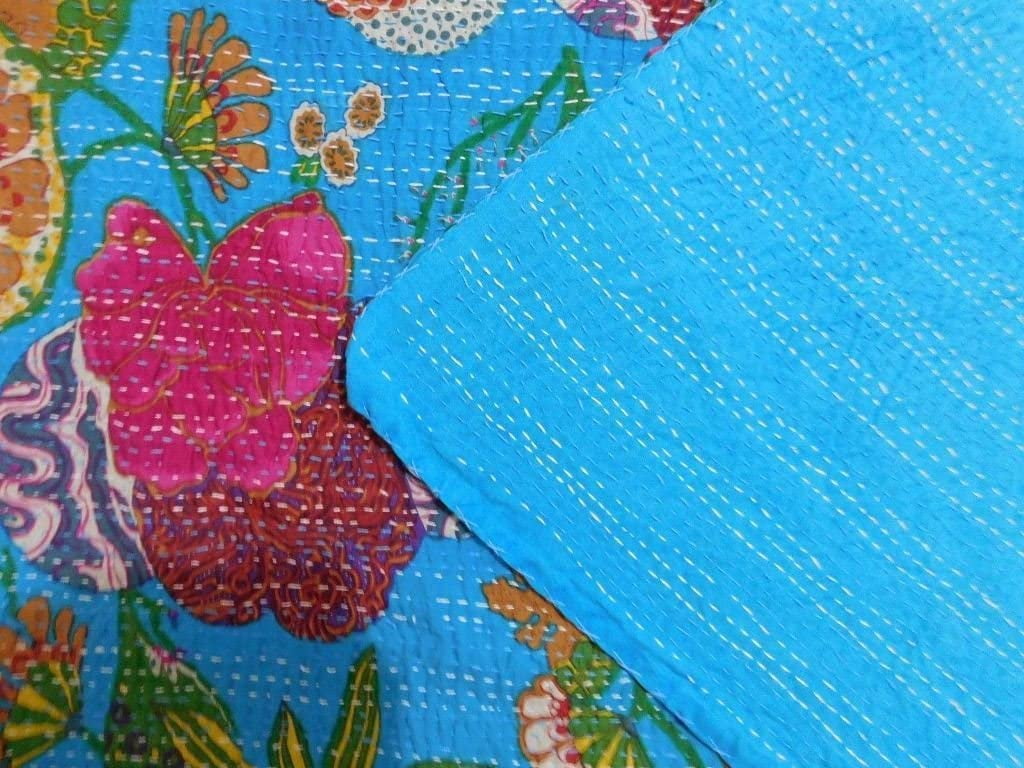 Flower Kantha Quilt Throw Blanket Bedspread Twin Size Hand Block Print Cotton 