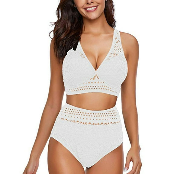 UTTOASFAY Women Swimsuits On Women'S Two Pieces Crochet Lace High Waist V Neck Bikini Set Swimsuit White XL
