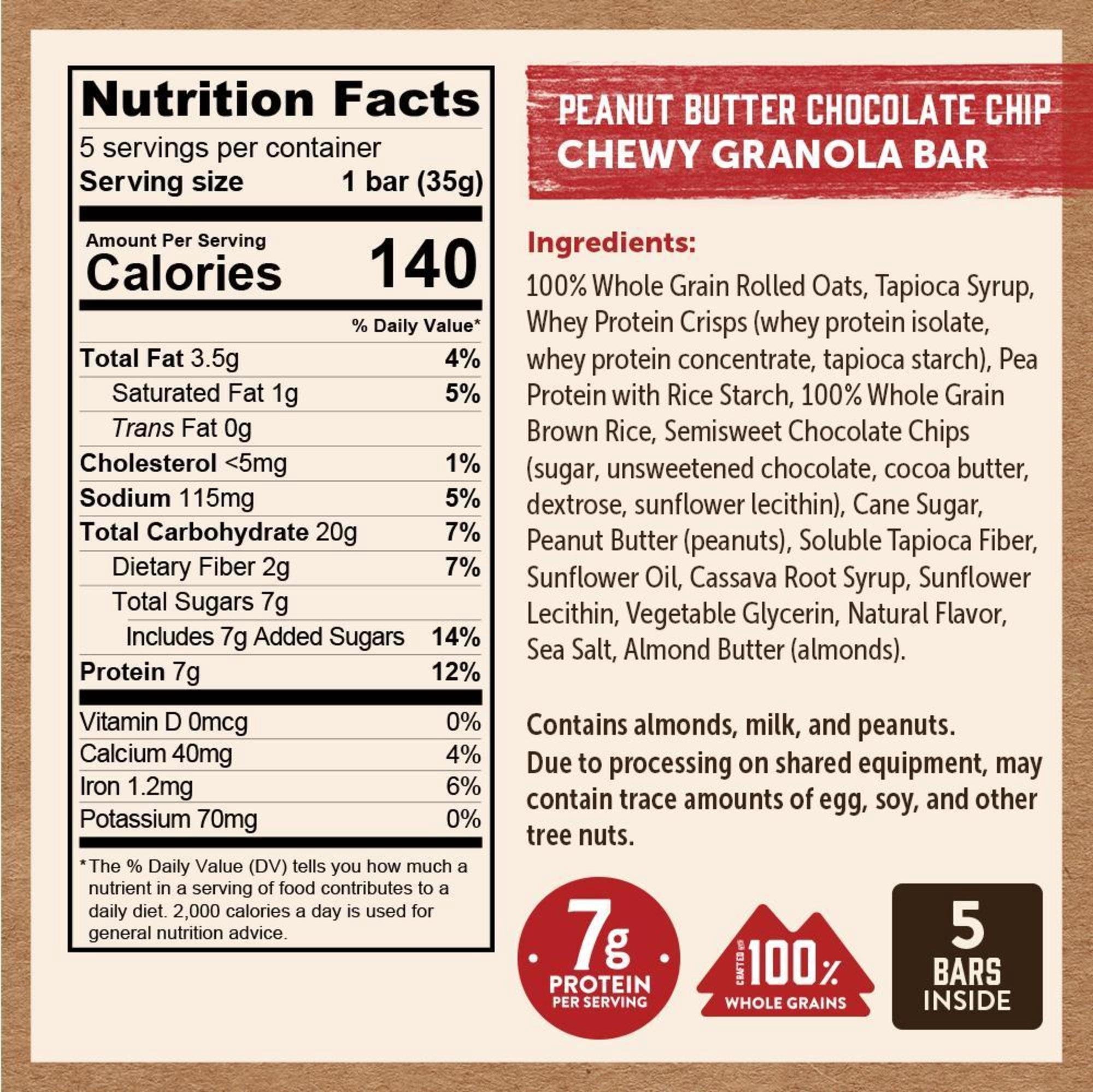 (3 pack) Kodiak Protein Packed Peanut Butter Chocolate Chip Chewy Granola Bar, 1.23 oz, 5 Count Cardboard Box