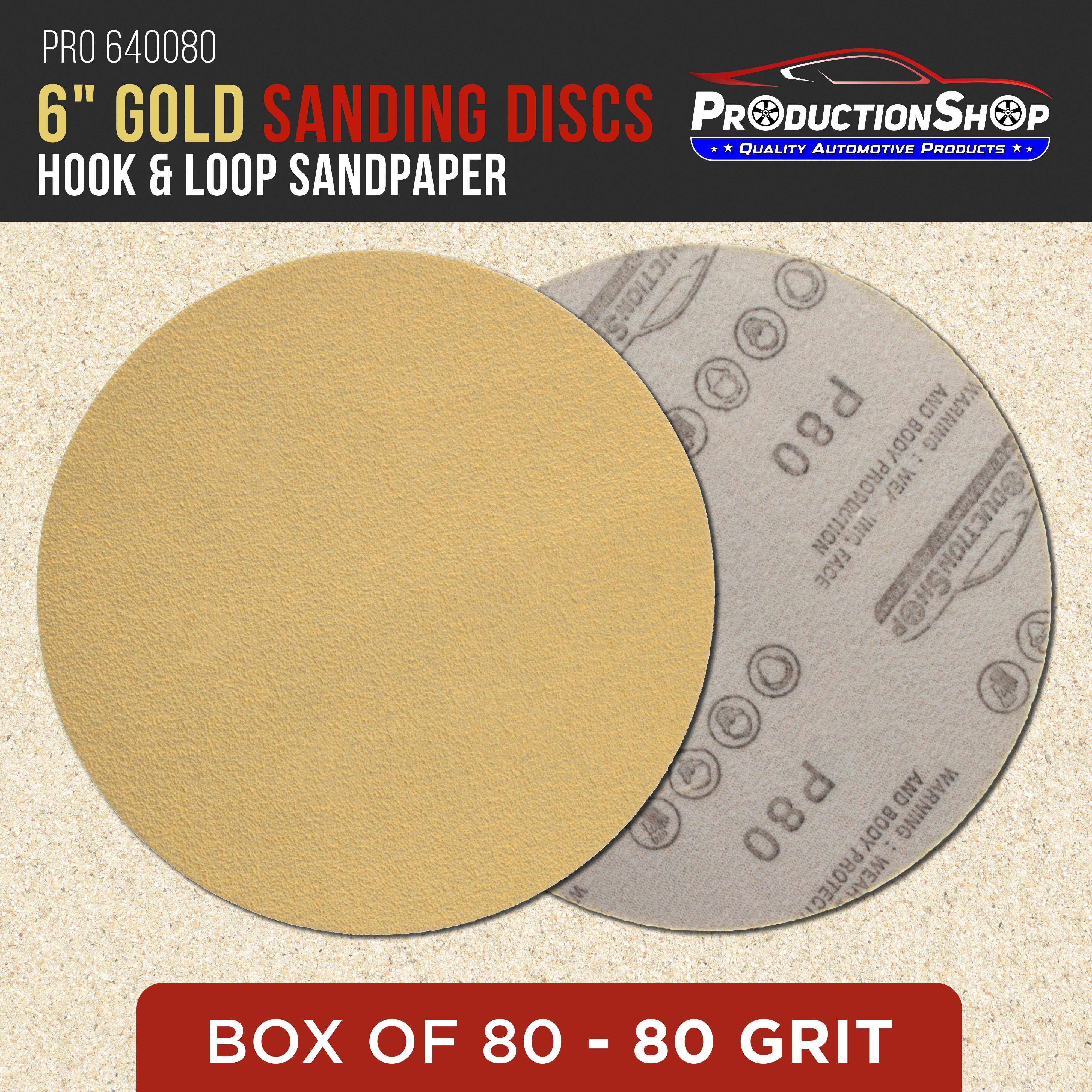 ProductionShop Premium 80 Grit 6" Gold Sanding Discs, Box of 100 - Hook & Loop Backing Abrasive Sandpaper for DA & Random Orbital Sanders - Sand Auto Paint, Metal, Wood, Woodworking Furniture