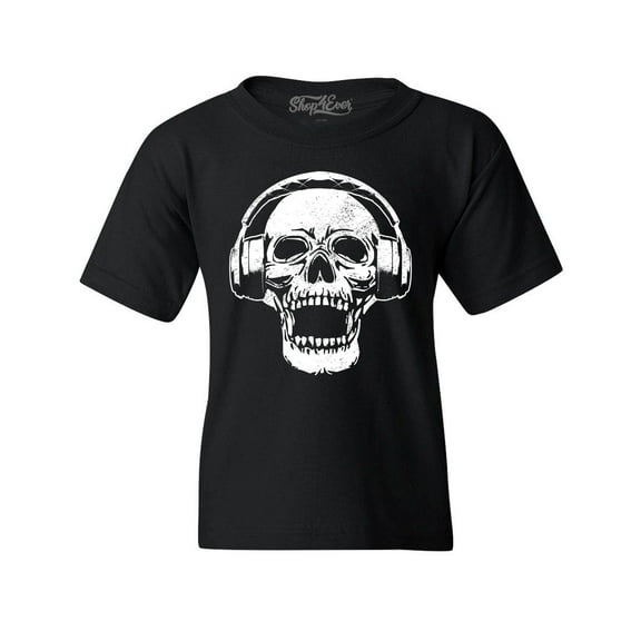 Shop4Ever Kids  DJ Skull Wearing Headphones Graphic Child's Youth T-Shirt X-Small Black
