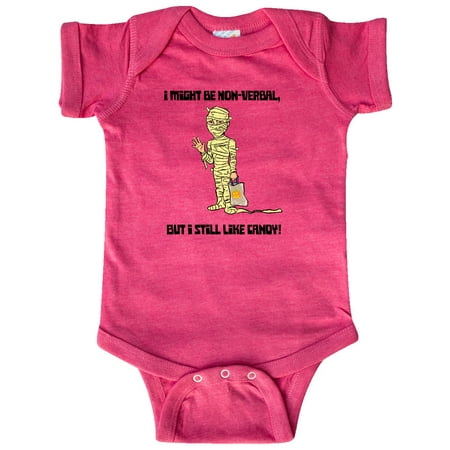 

Inktastic Nonverbal Trick or Treater I might be Nonverbal but I Still like Candy Mummy Gift Baby Boy or Baby Girl Bodysuit