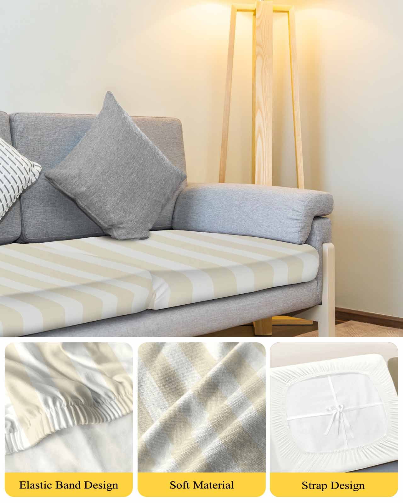 Cream Striped Couch Cushion Covers,Stretch Seat Cushion Covers for Sectional Sofa,Modern Farmhouse Cream White Stripes Loveseat Sofa&nbsp;Slipcovers Furniture Protector with Elastic&Straps 1Pcs,M