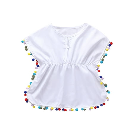 

Imcute Baby Girls Swimwear Cover-Ups Beach Sundress Pompom Trim Tassel Balls Sundress Poncho Wraps Summer Beach Tops White 1-2 Years