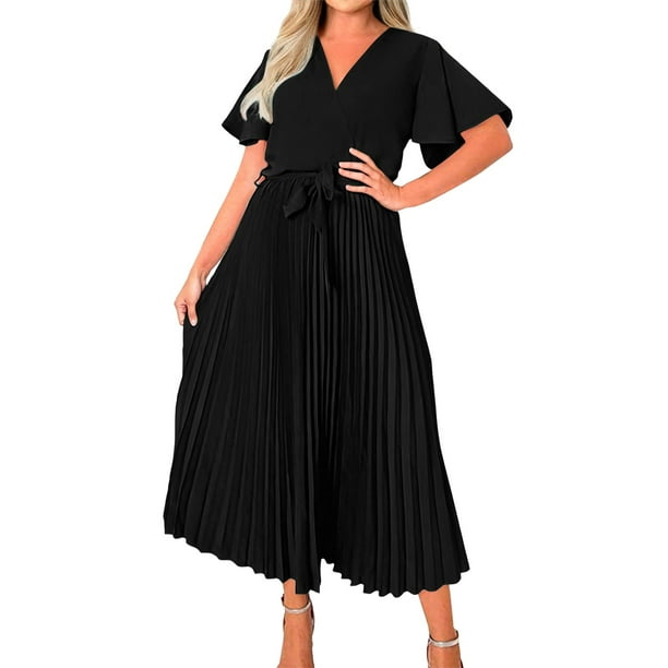Vestido largo elegante con cuello en V y pliegues para mujer - Vestido midi fluido de gasa con corte en A - Adecuado para el trabajo, bodas, fiestas y uso diario