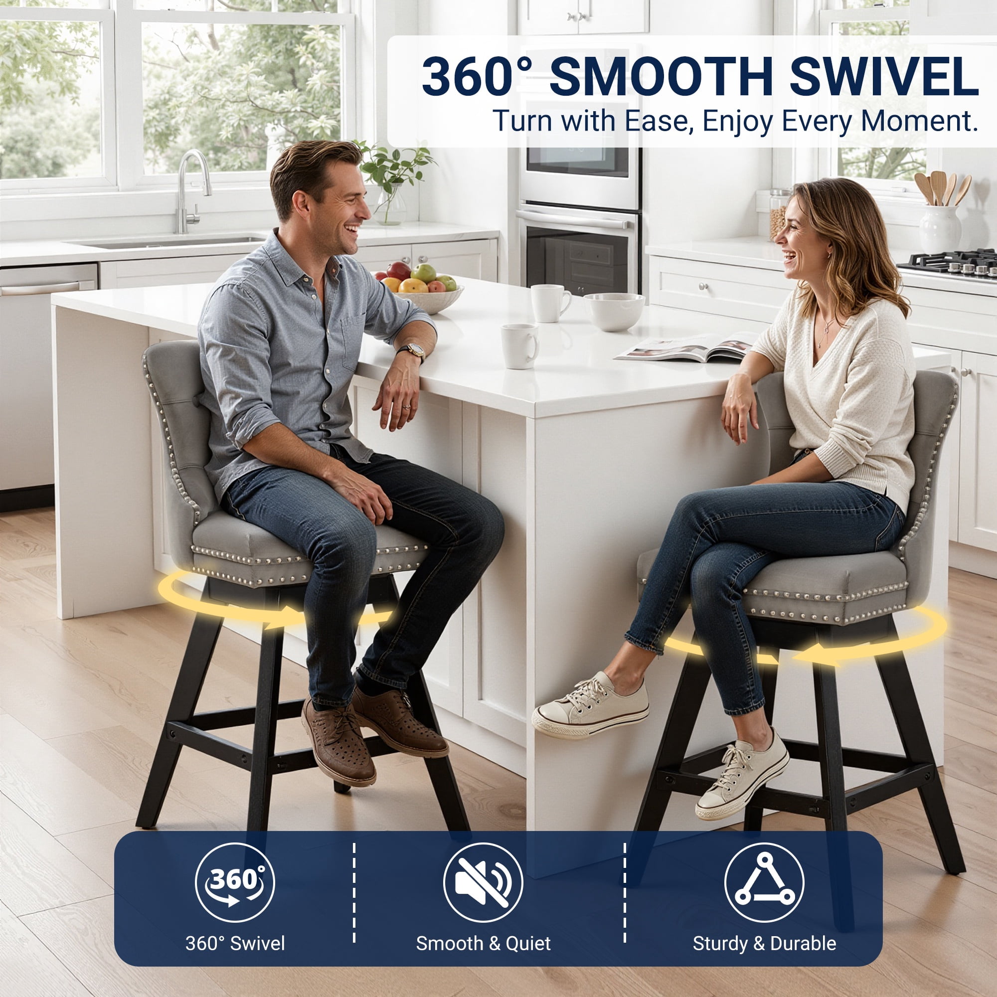 Swivel Bar Stools Set of 4, 26" Counter Height Bar Stools with Back, Farmhouse Velvet Barstools for 34–38" Kitchen Island, Gray (Set of 4)