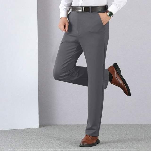 Pantalones de traje de hombre con cremallera y bolsillo, rectos, de tubo, de color liso, de poliéster