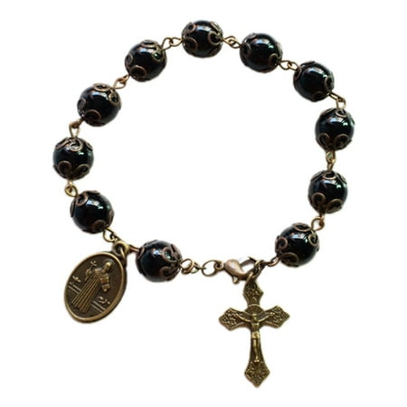 Personalized Bracelet Catholic Crucifix Pendant Black Glass Beads Religious Bracelet Jewelry Decor Gift for Women Men G