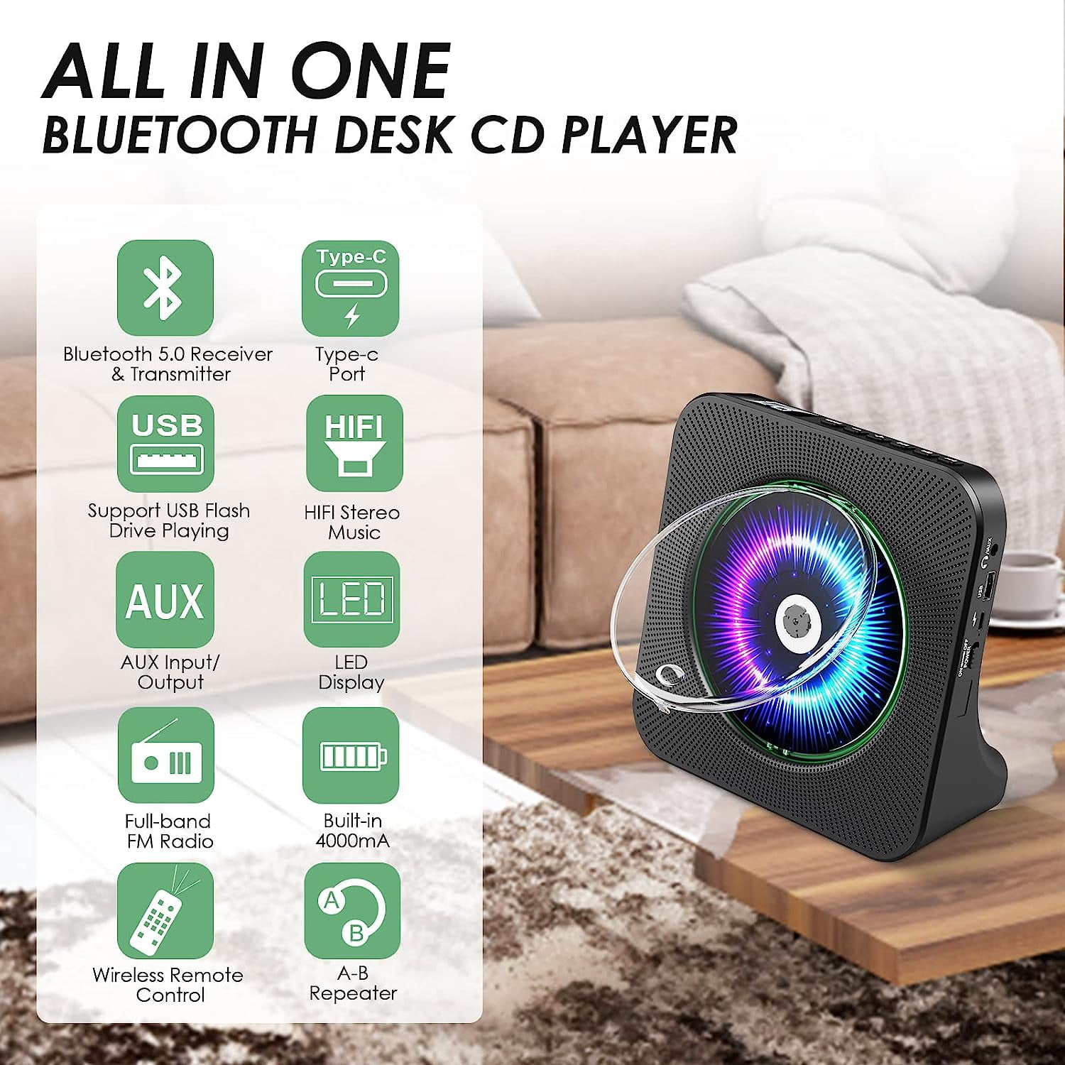 CD Player Portable Bluetooth Desktop 4000mAh Rechargeable CD Player with Remote Control for Home CD Player with Timer HiFi Speakers Dust Cover LCD Screen Display FM Radio-Black