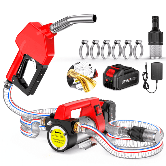 TaskStar 21V Cordless Diesel Transfer Pump Kit: 12GPM Self-Priming, Auto Shut-Off Nozzle & Hose, 1×4.0Ah Battery, for Diesel/Kerosene