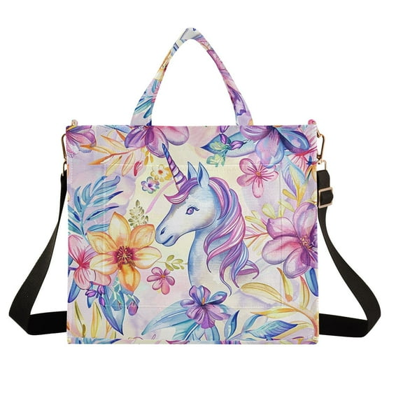 Flowers Unicorn Corduroy Tote Bag Handbag Large Messenger Bag Shoulder Crossbody Zipper Bag Purse