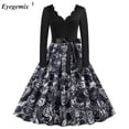 thumbnail image 3 of Disfraces de Halloween con estampado de calaveras para mujer, manga larga, años 50 y 60, vestido de fiesta de noche para ama de casa, disfraces de cosplay elegantes y aterradores, 3 of 5