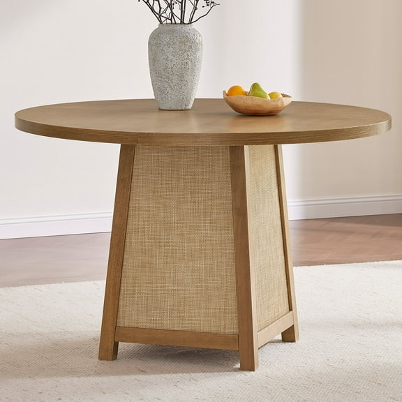 SICOTAS 47" Boho Round Solid Wood Dining Table for 4, Farmhouse Rattan Kitchen Table with 1.4" Thickened Tabletop for Dining Room, Living Room, Natural Wood