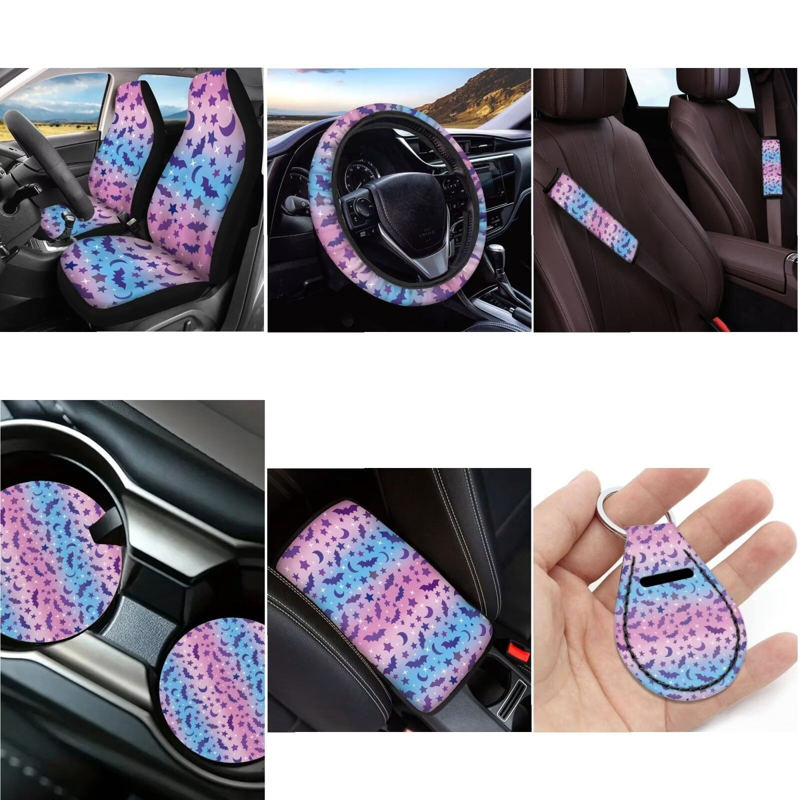 Ledback Bat Stars Printed Car Seat Covers Full Set, 12 Piece Car Front & Rear Seat Cover Breathable Steering Wheel Cover Armrest Pads Universal Fit for SUV Sedan Van Truck