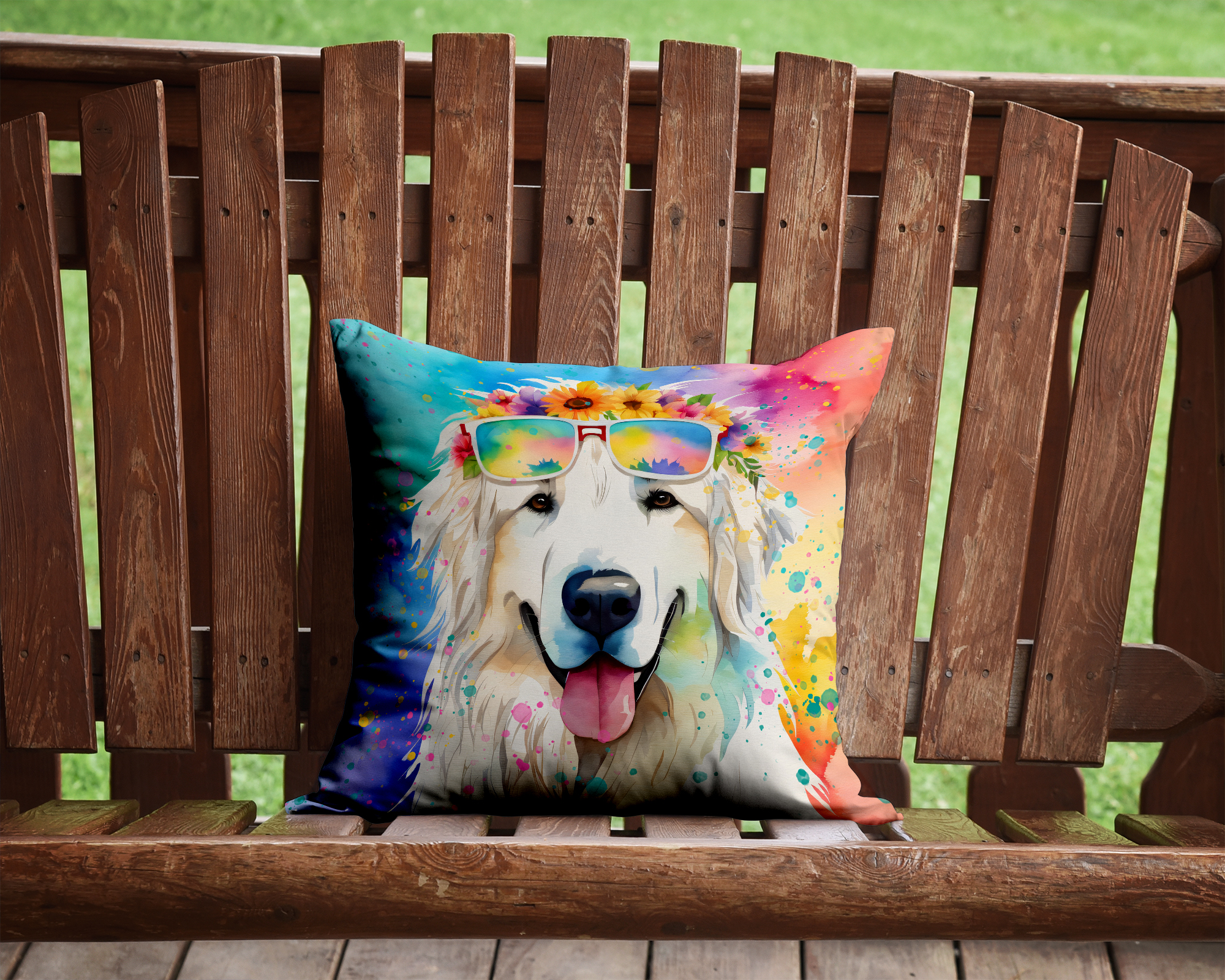 Great Pyrenees Hippie Dawg Fabric Decorative Pillow 14 in x 14 in