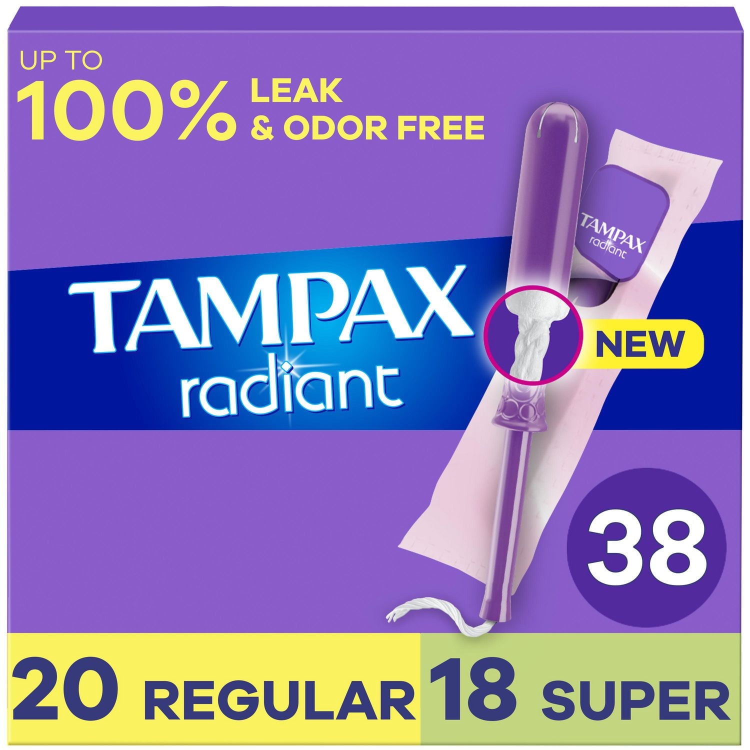 Tampons Tampax Radiant, avec tresse anti-fuites LeakGuard, degrés d’absorption régulier/super, emballage multiple, non parfumés, 38 tampons 38CT