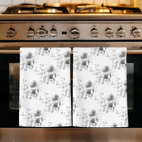 Gray Poppy Flowers Kitchen Towels Set of 1, Spring Eucalyptus Leaves Rustic Absorbent Dish Towels for Kitchen, Microfiber Hand Towel, Quick Drying Tea Towel for Cleaning Decorative Dishcloths