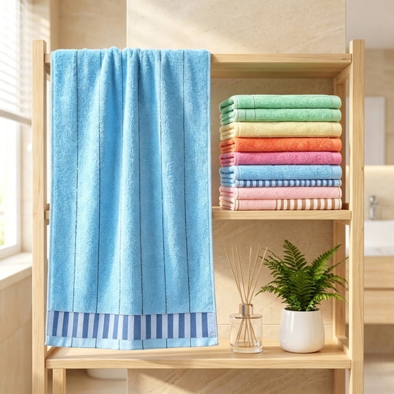 PoyoKee Bath Towels for Bathroom, Striped Cotton Decorative Face Towels, Soft & Absorbent & Quick Dry Bathroom Decor, 29 x 13 inch, Sky Blue