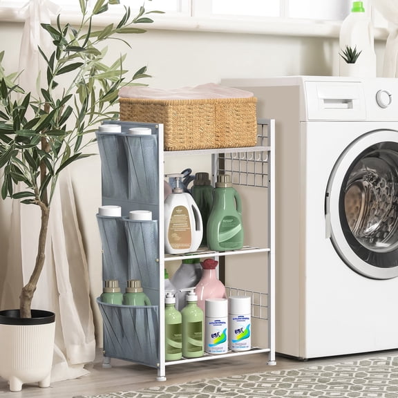 3-Tier White Metal Storage Rack with Side Bags & Hooks, Adjustable Top Shelf, Multipurpose Organizer for Bathroom Kitchen Living Room, 16.9"×11.8"×29.7"